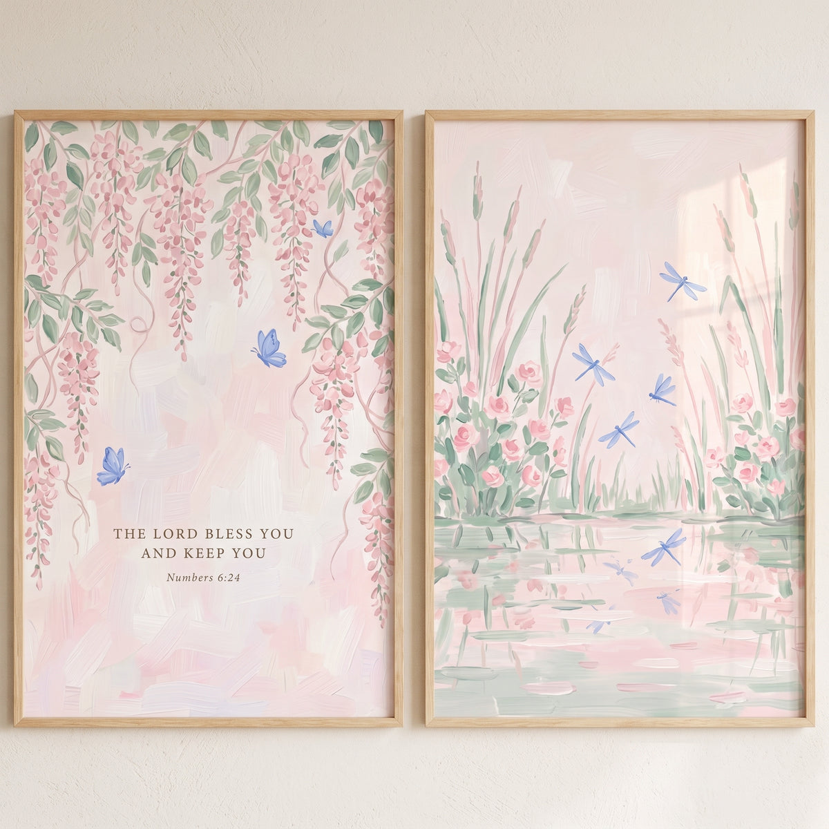 Lush blush botanical garden wall art set of 2 with pink flowers, blue dragonflies, butterflies, and a scripture verse.
