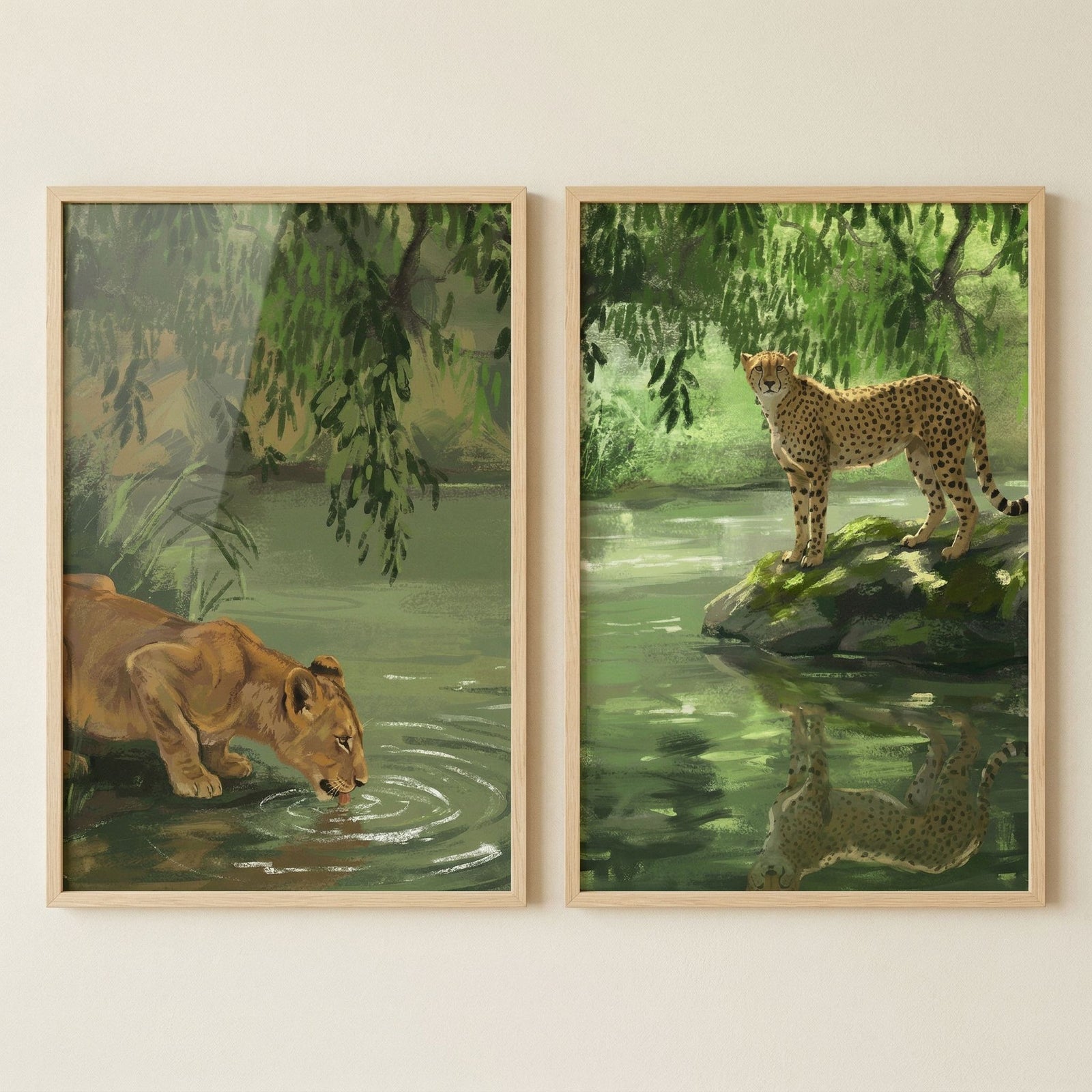 Lush canopy big cat wall art set of 2 featuring a lioness drinking water and a cheetah reflected in a jungle pool.