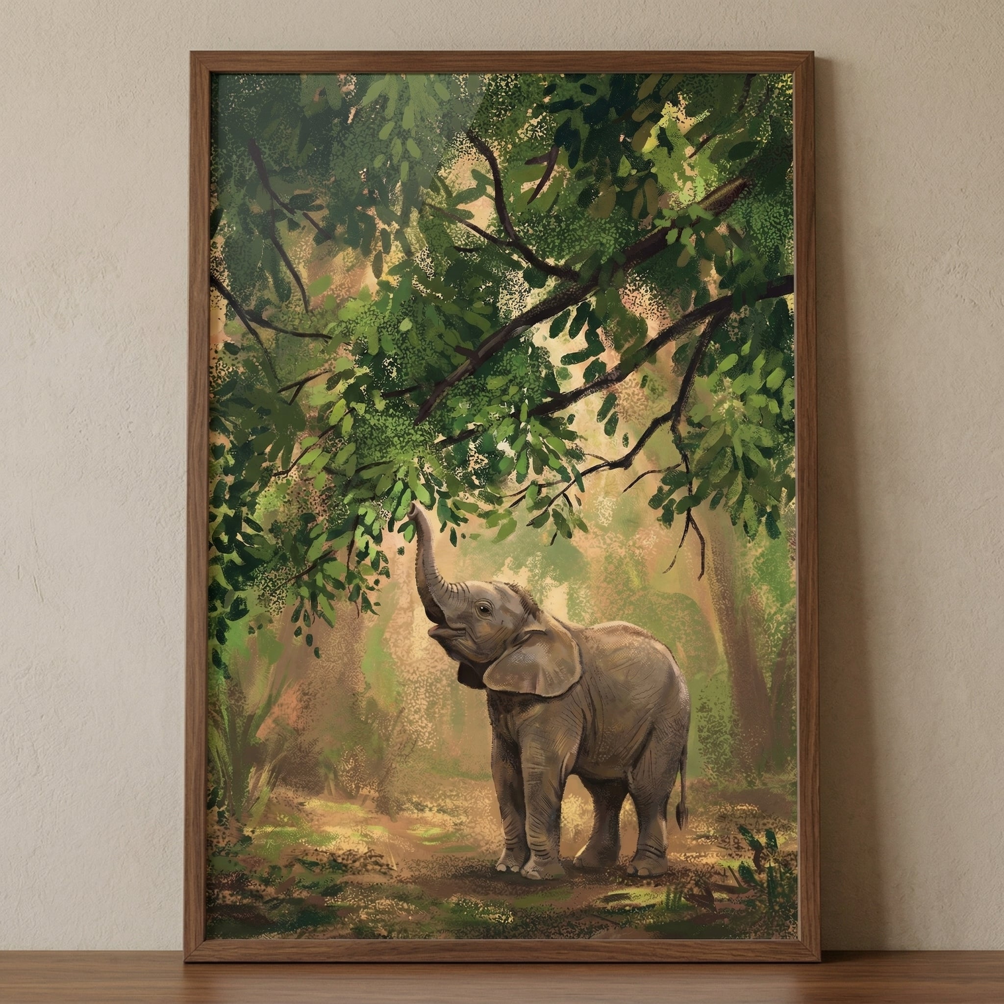 Lush Forest Baby Elephant Wall Art - Sunlit Jungle Calf