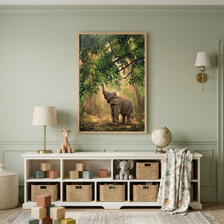 A vertical framed illustration of a young elephant standing in a lush forest. The elephant is positioned in the lower center, reaching its trunk upward toward a leafy branch hanging from above. 