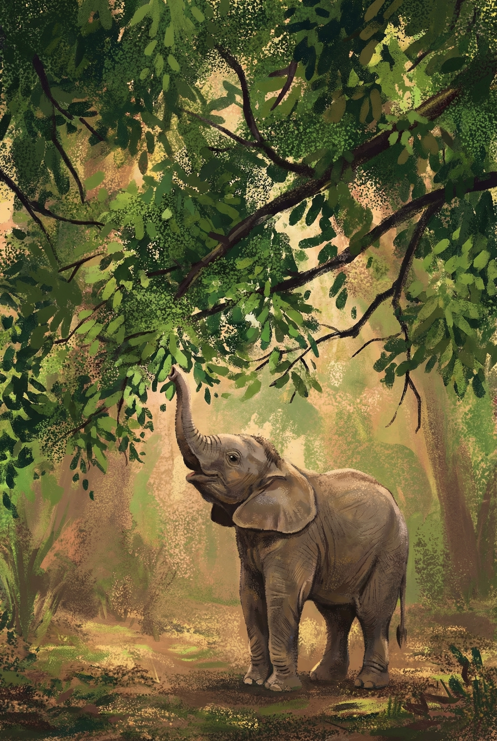 Lush Forest Baby Elephant Wall Art - Sunlit Jungle Calf