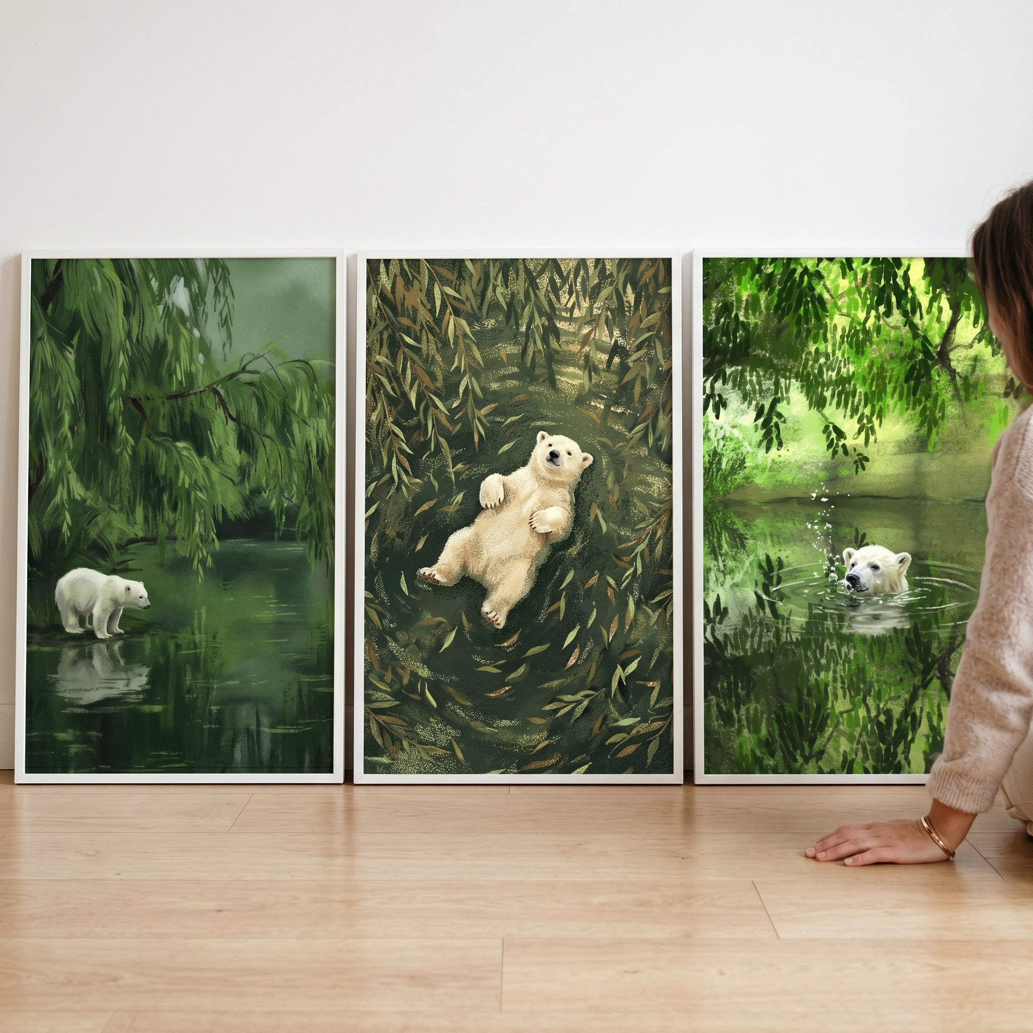 Lush Forest Polar Bear Wall Art Set of 3 - Verdant Bear Oasis