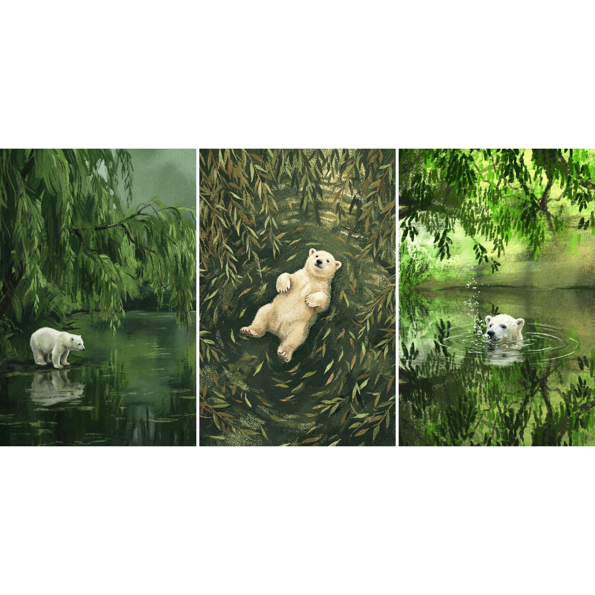 Lush Forest Polar Bear Wall Art Set of 3 - Verdant Bear Oasis