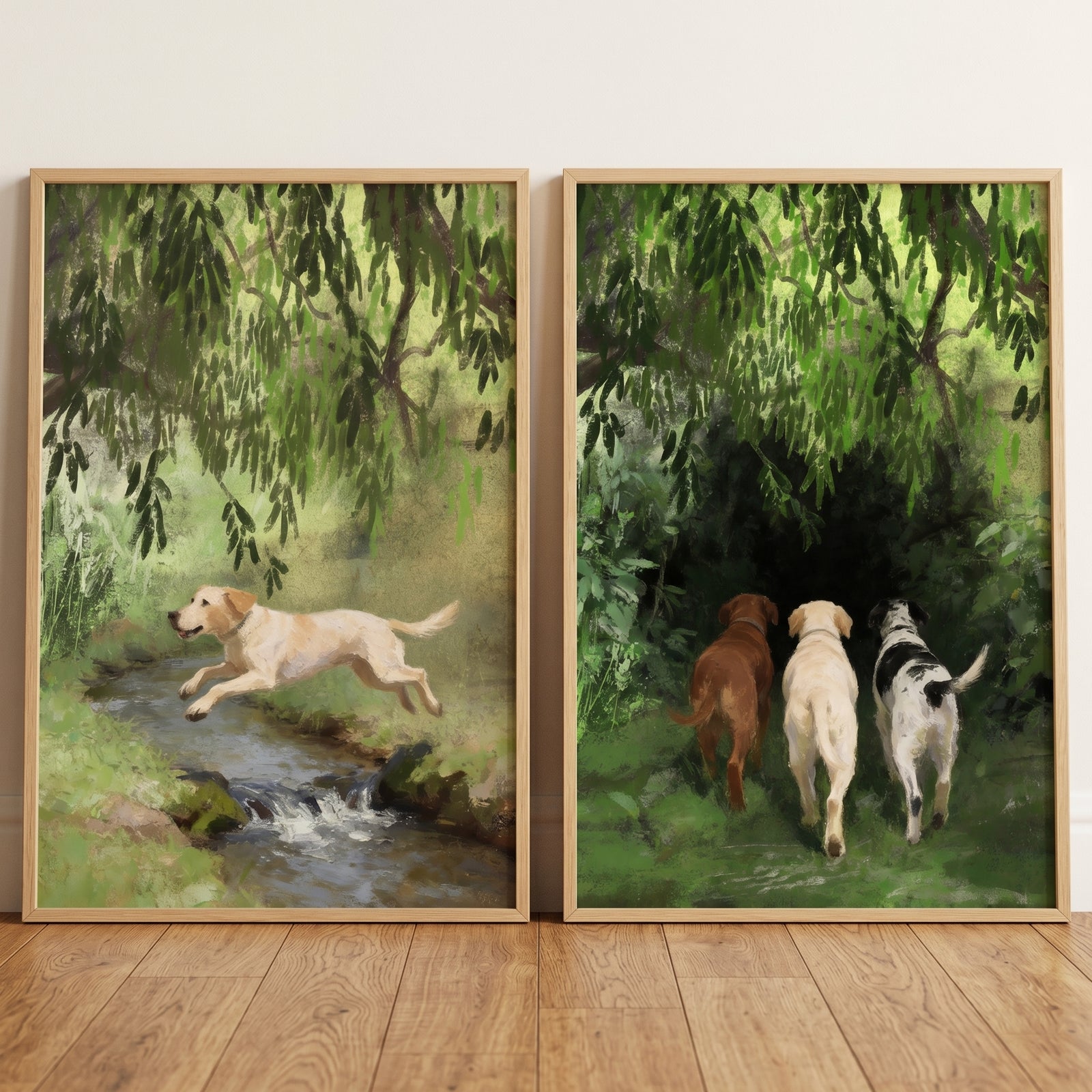 Lush green forest labrador wall art set of 2 shows dogs leaping over a stream and walking into a dense wooded area.