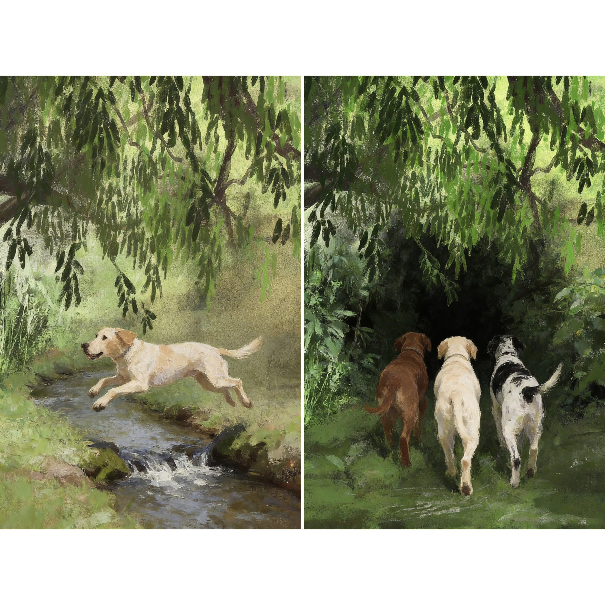 Lush Green Forest Labrador Wall Art Set of 2 - Woodland Dog Journey