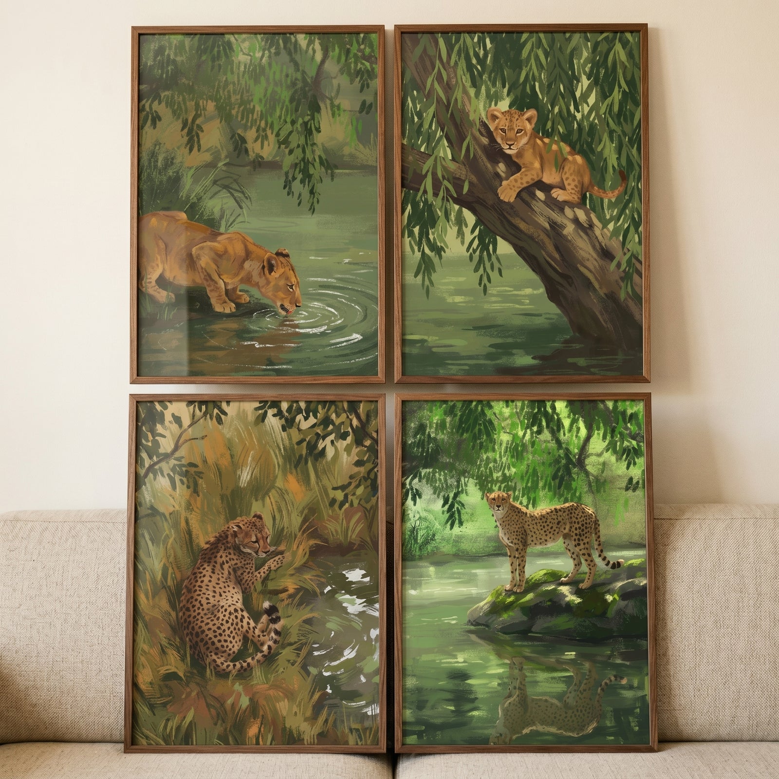 Lush green jungle cat wall art set of 4 featuring lion cubs and big cats in a verdant forest by water.