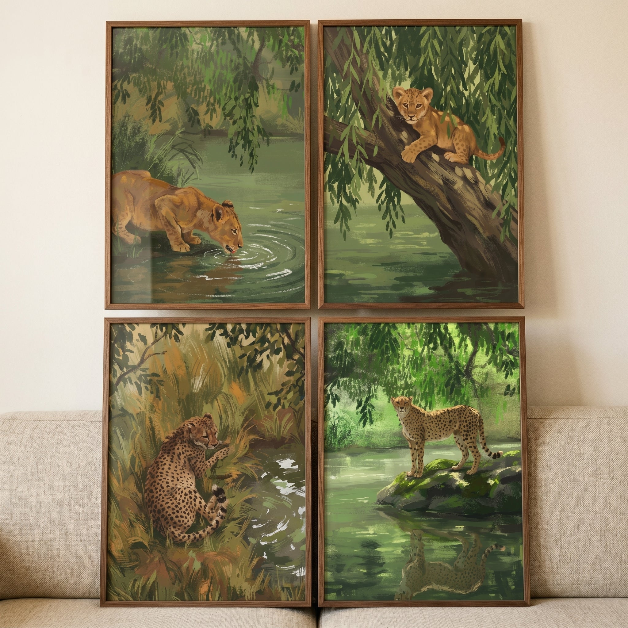 Lush Green Jungle Cat Wall Art Set of 4 - Wild Feline Waters