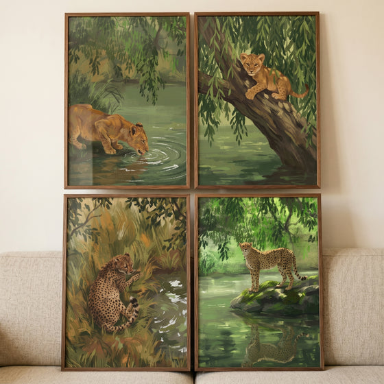 Lush green jungle cat wall art set of 4 featuring lion cubs and big cats in a verdant forest by water.