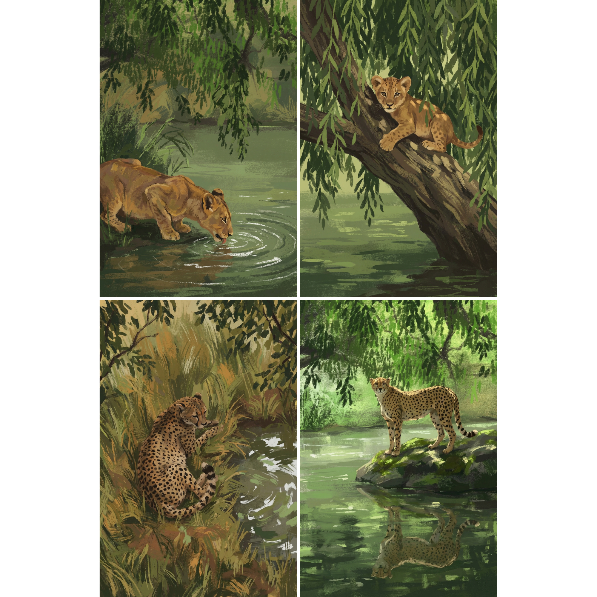 Lush Green Jungle Cat Wall Art Set of 4 - Wild Feline Waters
