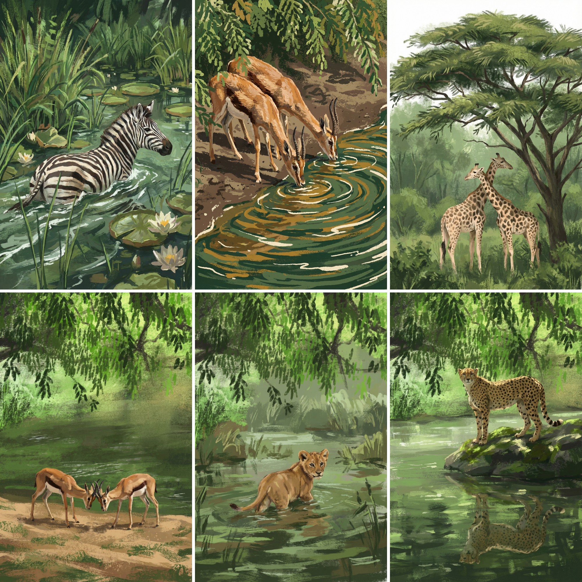Lush Green Safari Animal Wall Art Set of 6 - Wild Savanna Oasis