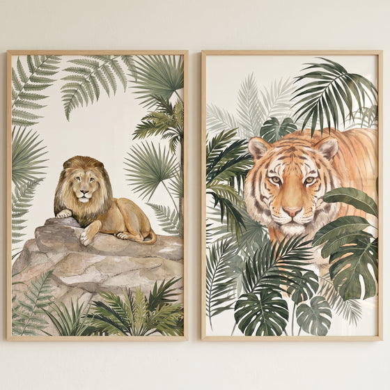 Lion on a rock and tiger peeking through foliage. Lush greenery jungle animals wall art set of 2.