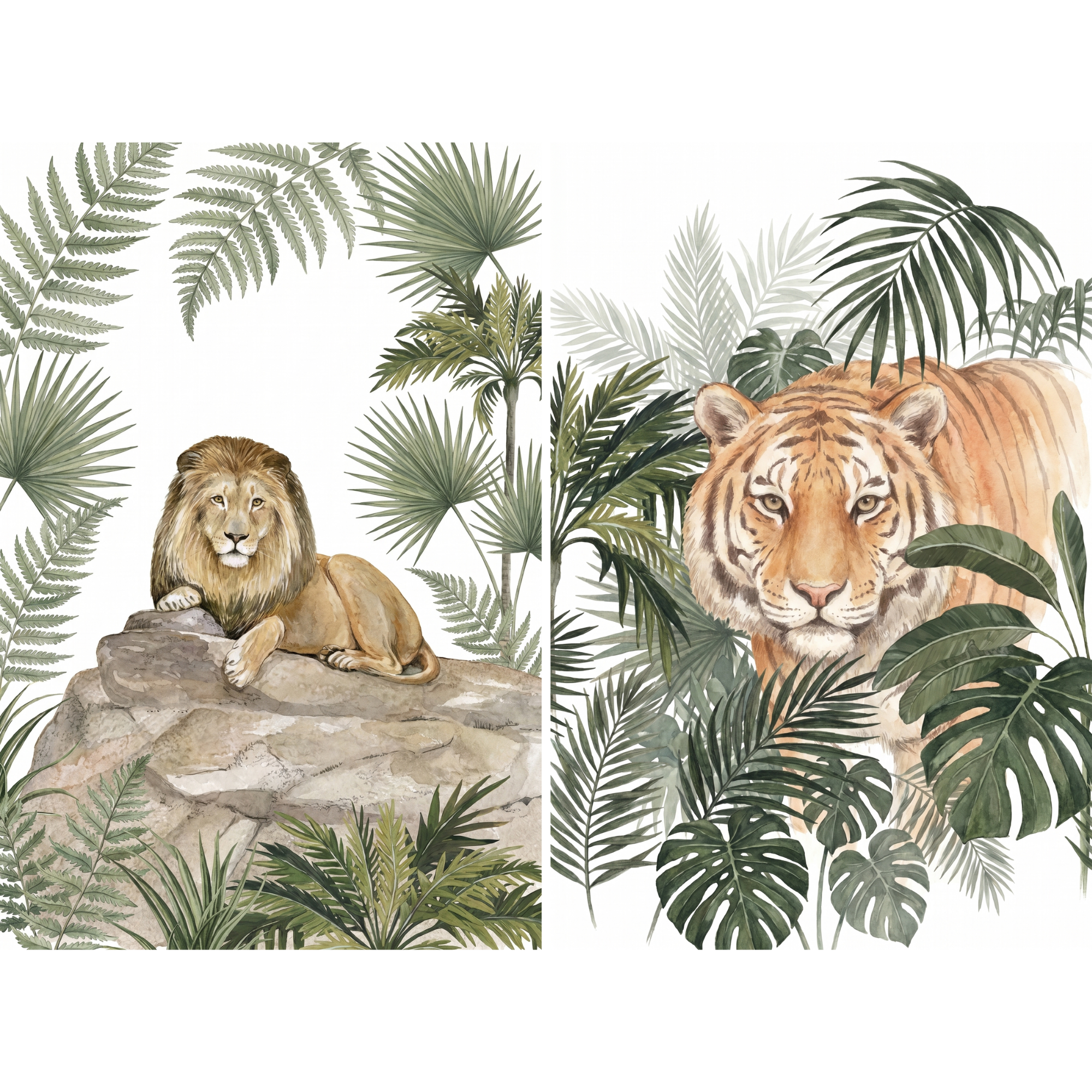 Lush Greenery Jungle Animals Wall Art Set of 2 - Wild Jungle Duo