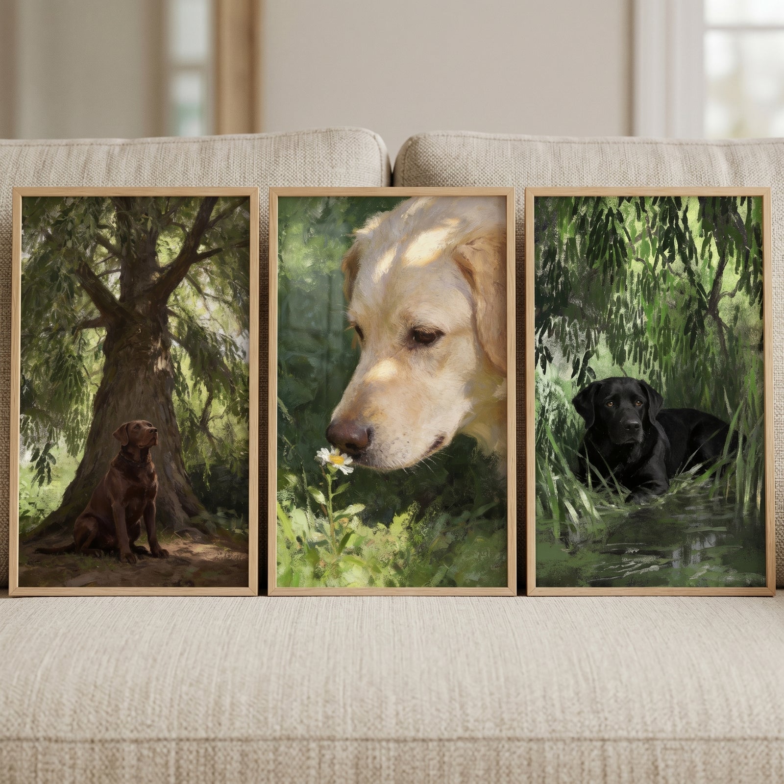 Lush greenery labrador wall art set of 3 featuring chocolate, yellow, and black dogs in serene forest and garden settings.