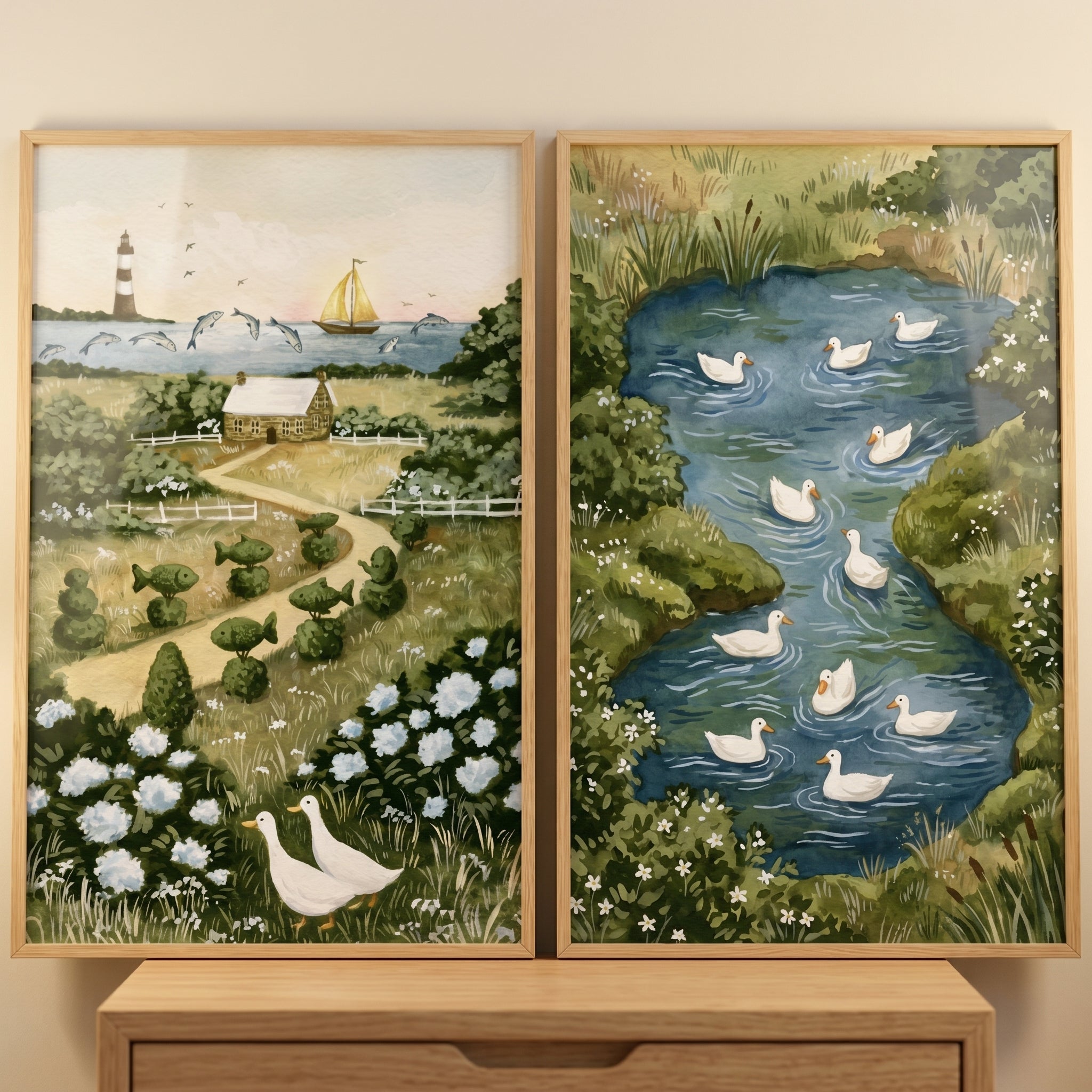 Lush Greenery White Duck Wall Art Set of 2 - Quaint Duck Garden