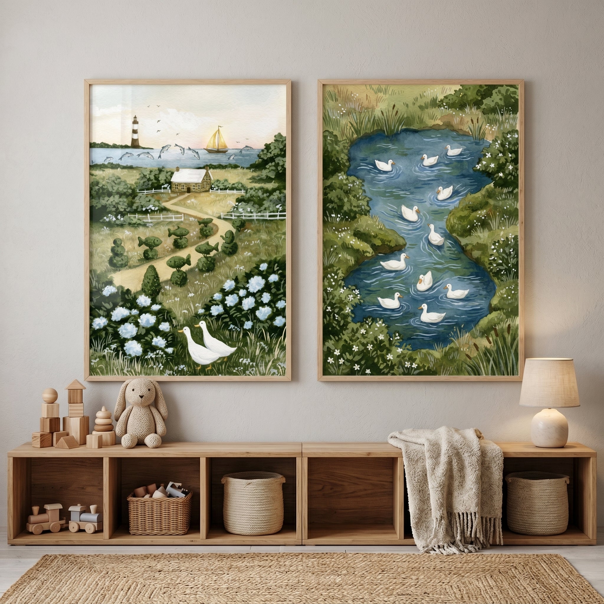 Lush Greenery White Duck Wall Art Set of 2 - Quaint Duck Garden