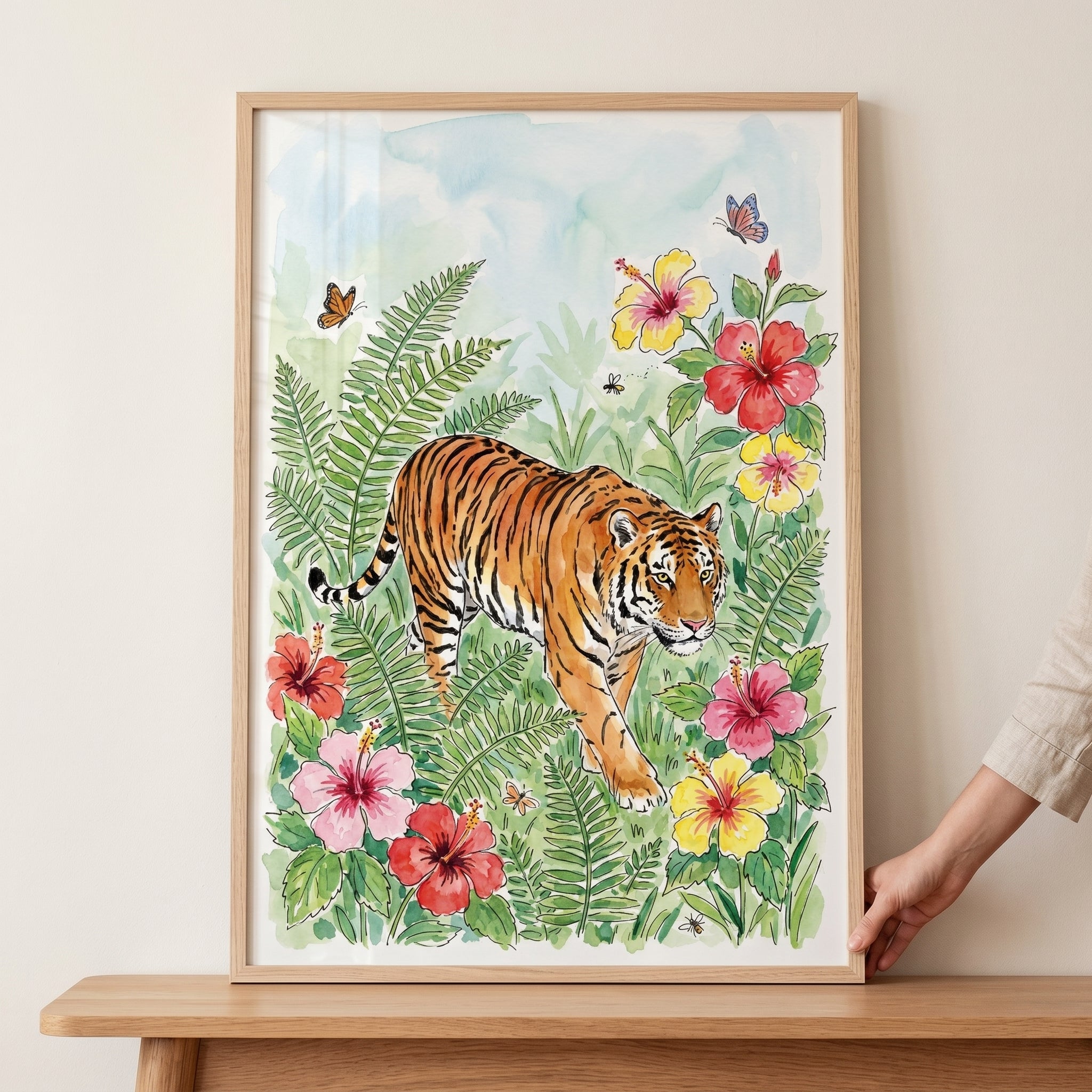 Lush Hibiscus Floral Tiger Wall Art - Wild Hibiscus Prowl