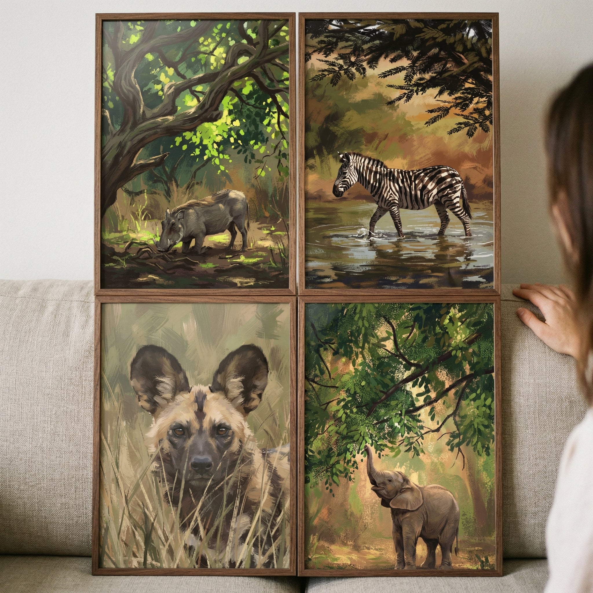 Lush Nature Safari Animal Wall Art Set of 4 - Wild Savanna Essence