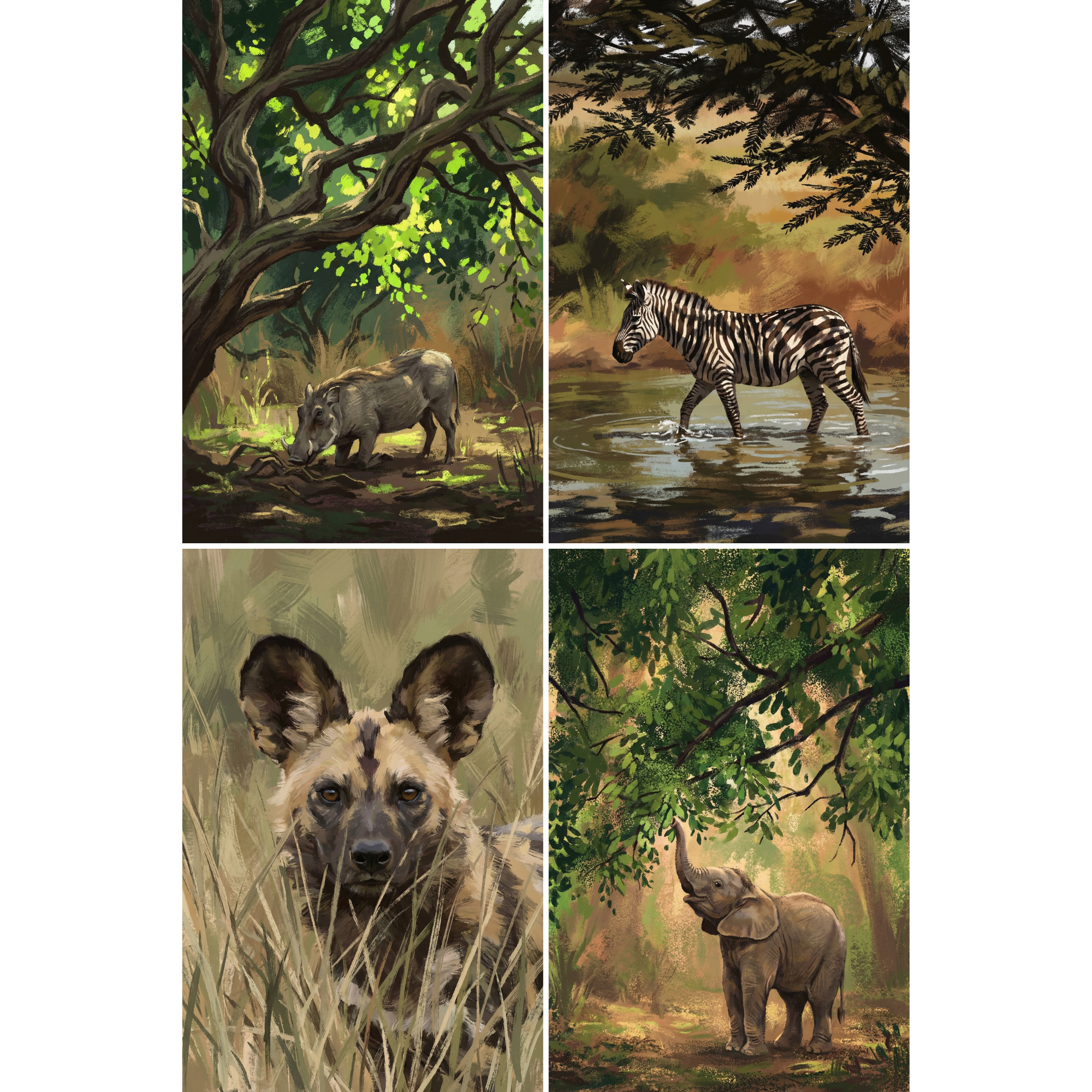 Lush Nature Safari Animal Wall Art Set of 4 - Wild Savanna Essence