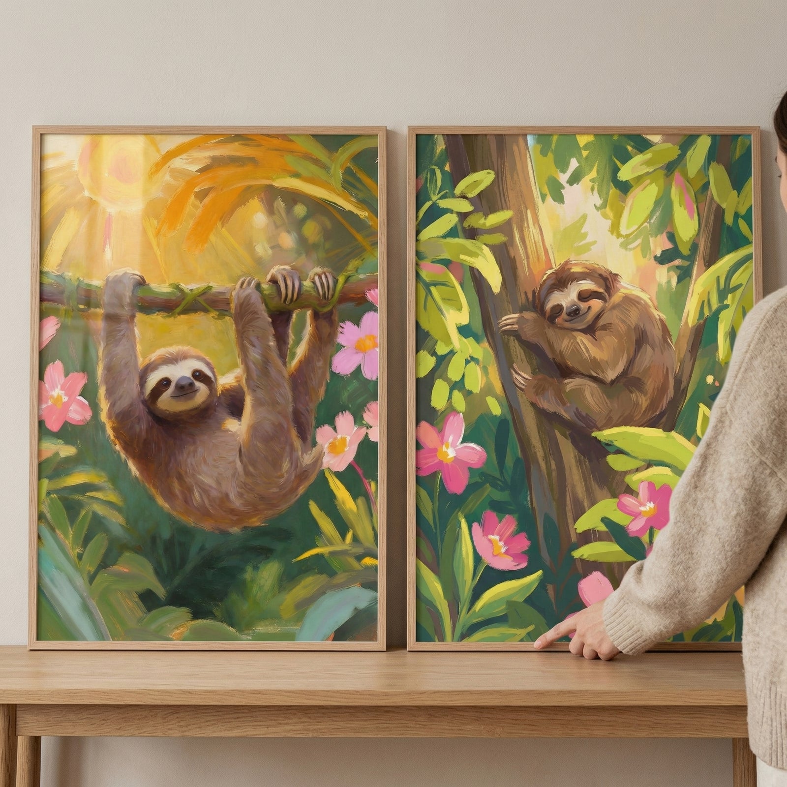 Two framed jungle paintings rest on a wooden surface while a person points at one of them. One shows a sloth hanging upside down from a branch in warm sunlight surrounded by pink flowers while the other shows a sloth curled up on a tree trunk among green leaves in a lush forest.