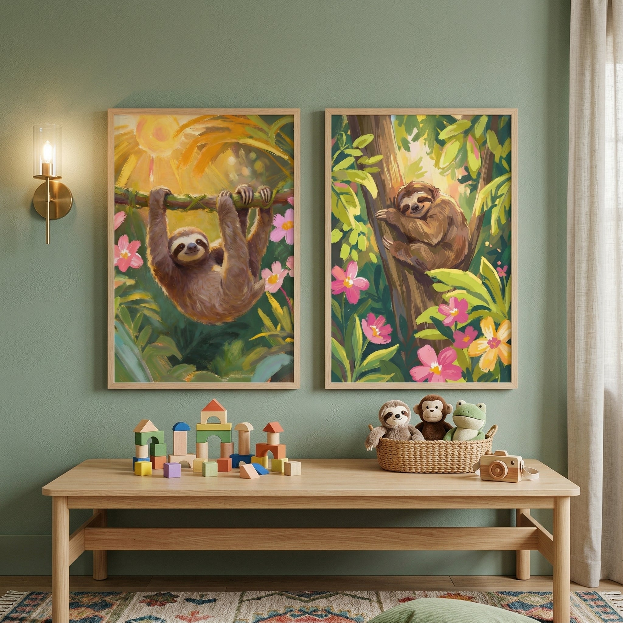 Lush Pink Floral Sloth Art Set of 2 | Tropical Wall Decor