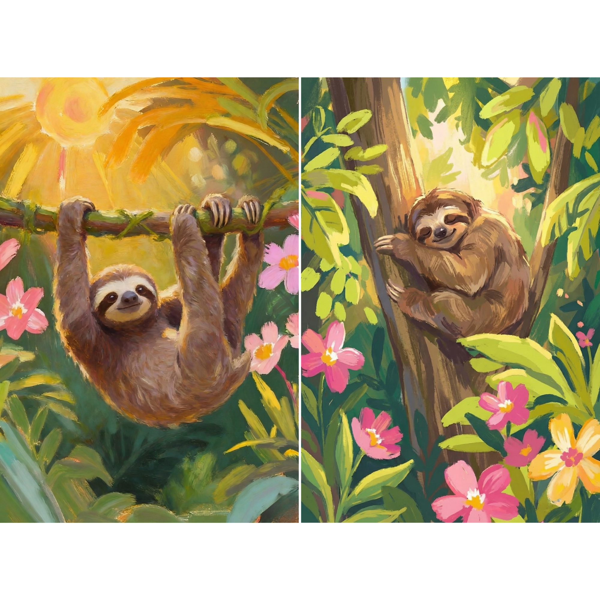 Lush Pink Floral Sloth Artwork Set of 2 - Tropical Sloth Dreams