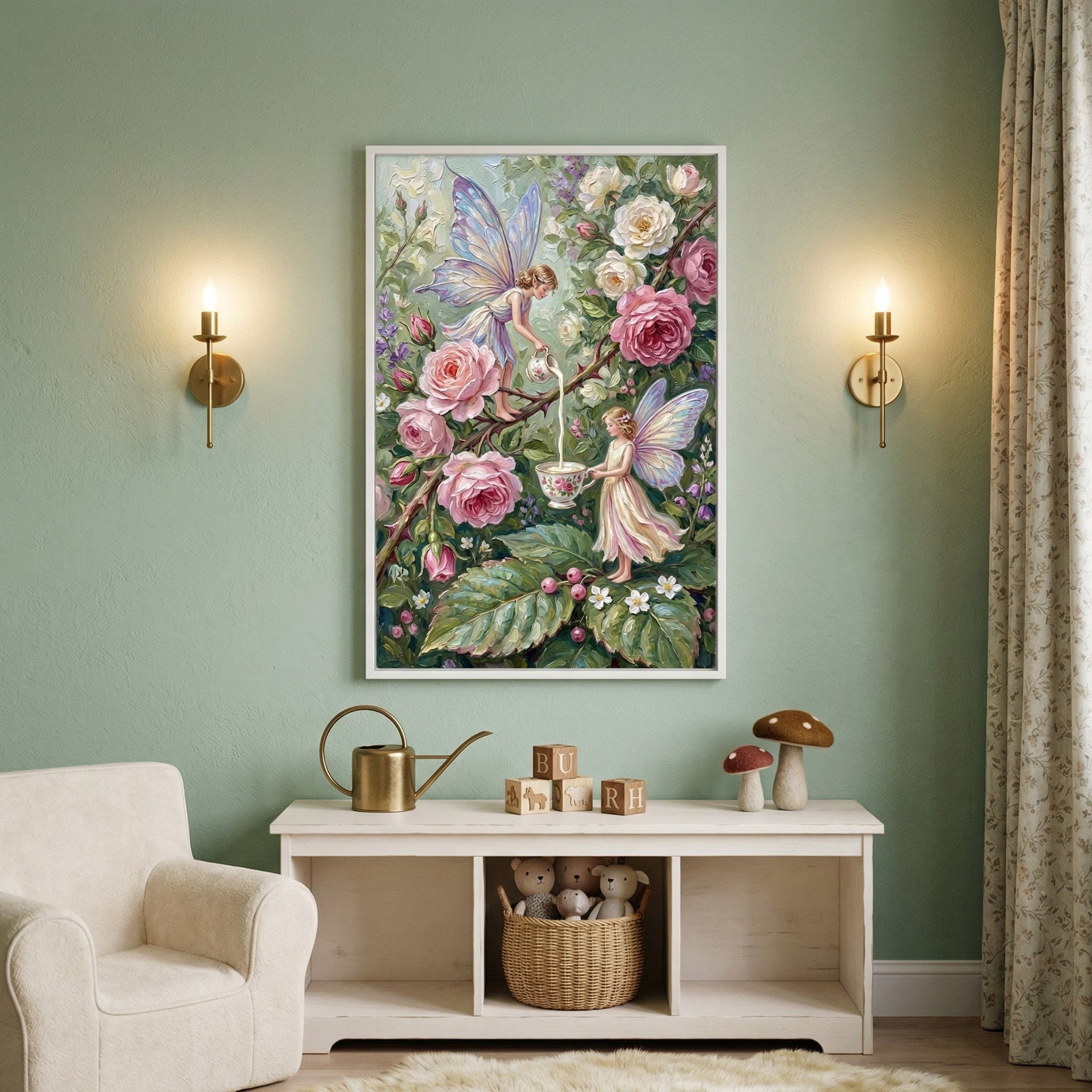A serene child's nursery features a soft sage green wall adorned with a large, vertical framed illustration of a whimsical garden. The artwork depicts two delicate, winged fairies among a lush arrangement of oversized pink and white roses; one fairy pours liquid from a small pitcher into a teacup held by the other.