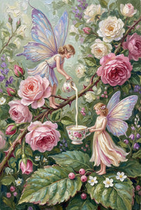 Two fairies stand among large pink roses as one pours liquid from a small teapot into an oversized teacup. Their pastel wings and dresses blend with the surrounding flowers and greenery. The scene suggests a whimsical garden tea moment.

