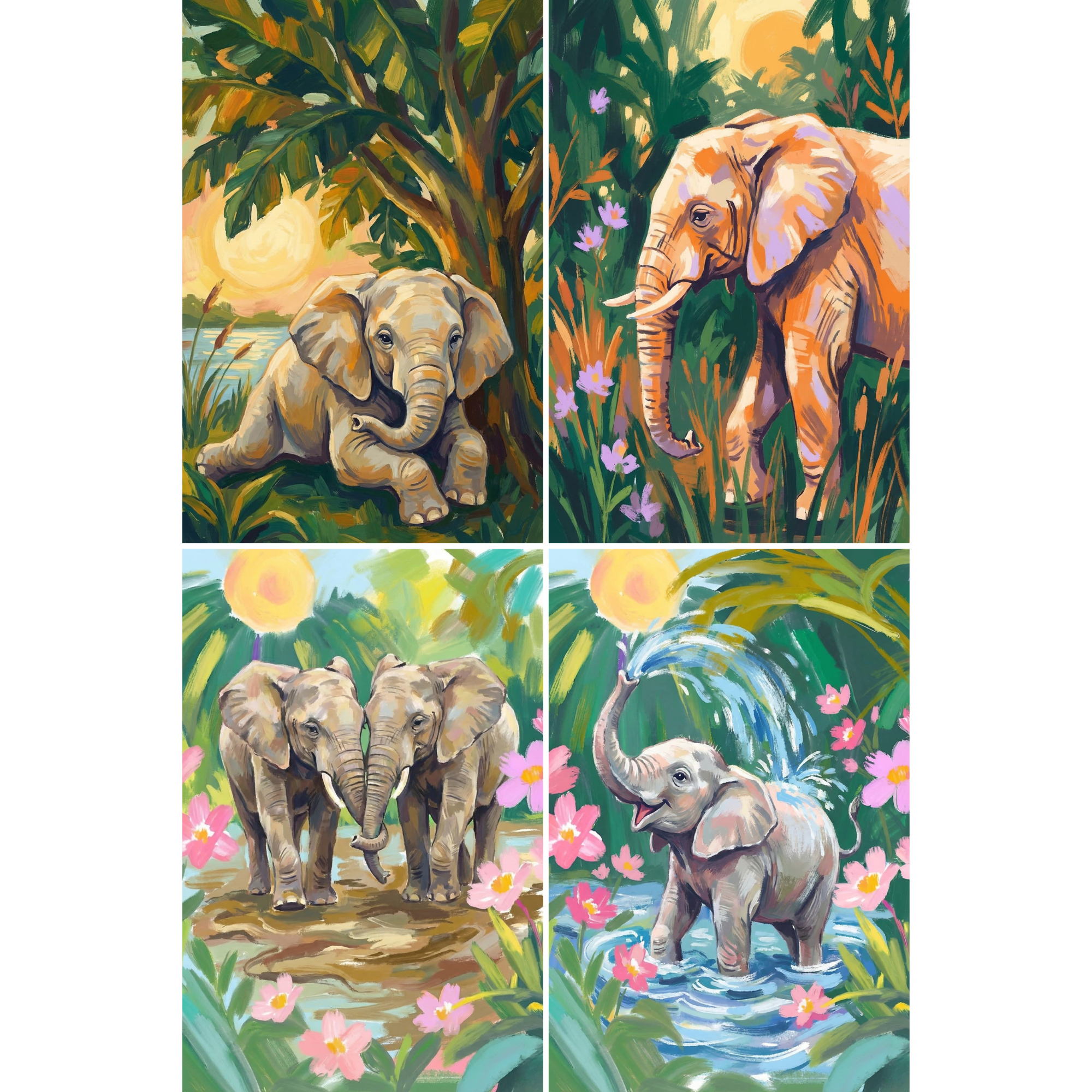 Lush Tropical Jungle Elephant Wall Art Set of 4 - Jungle Elephant Life