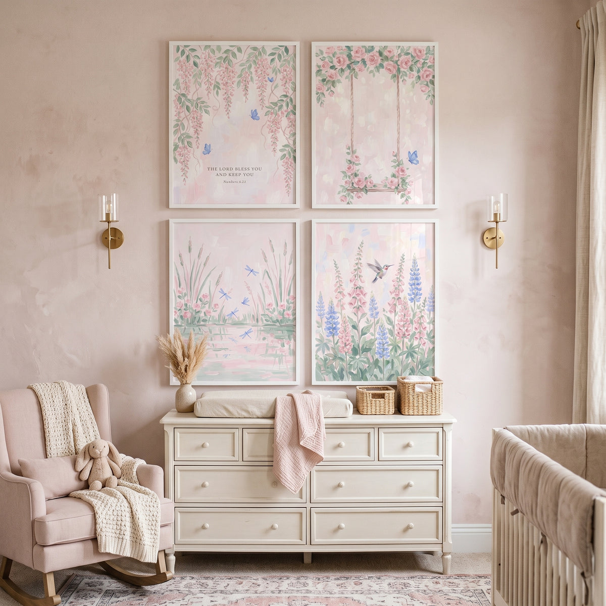 Lush Watercolor Blush Garden Wall Art Set of 4 - Serene Nature Dreams