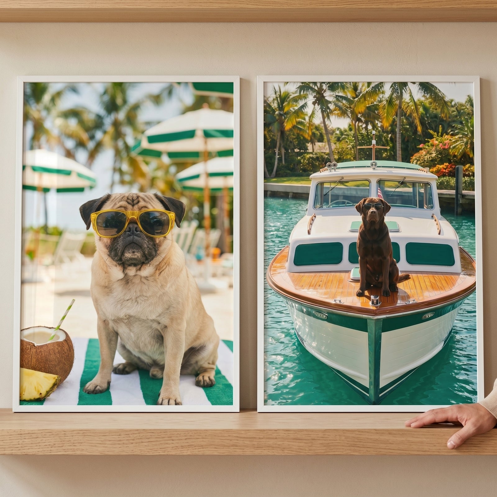 Pug wearing sunglasses on a beach and a chocolate lab on a boat in a luxury tropical resort dog wall art set of 2.