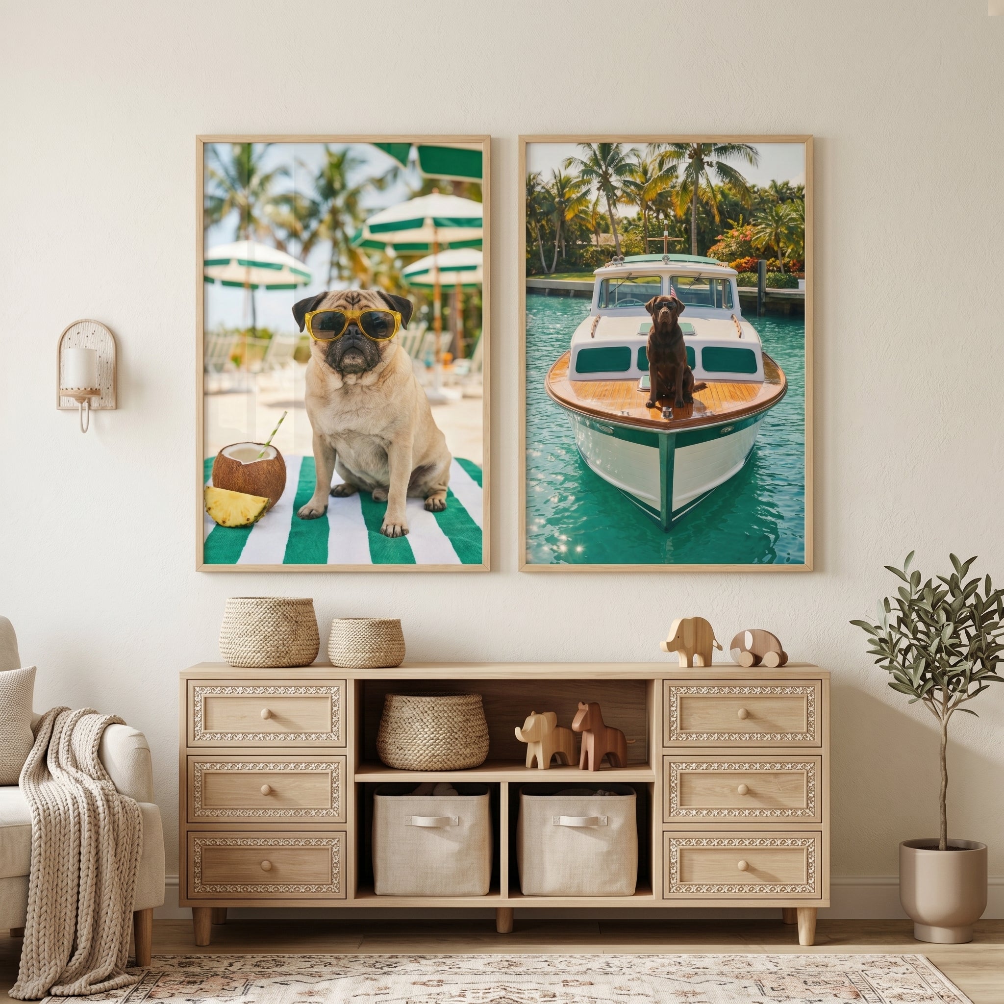 Luxury Tropical Resort Dog Wall Art Set of 2 - Seaside Dog Life