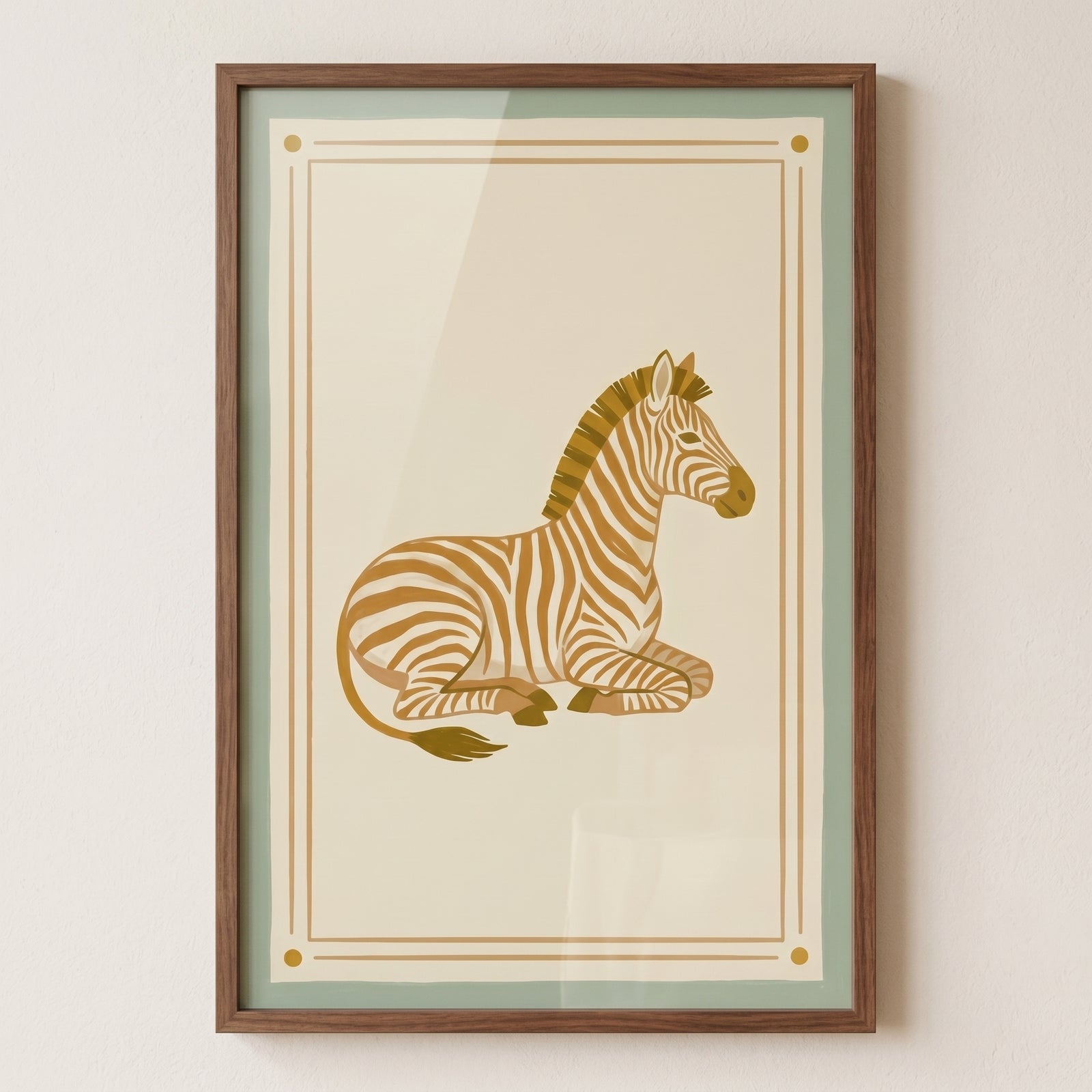 Lying brown zebra wall art in a wood frame featuring a stylized zebra on a cream background with a green border.