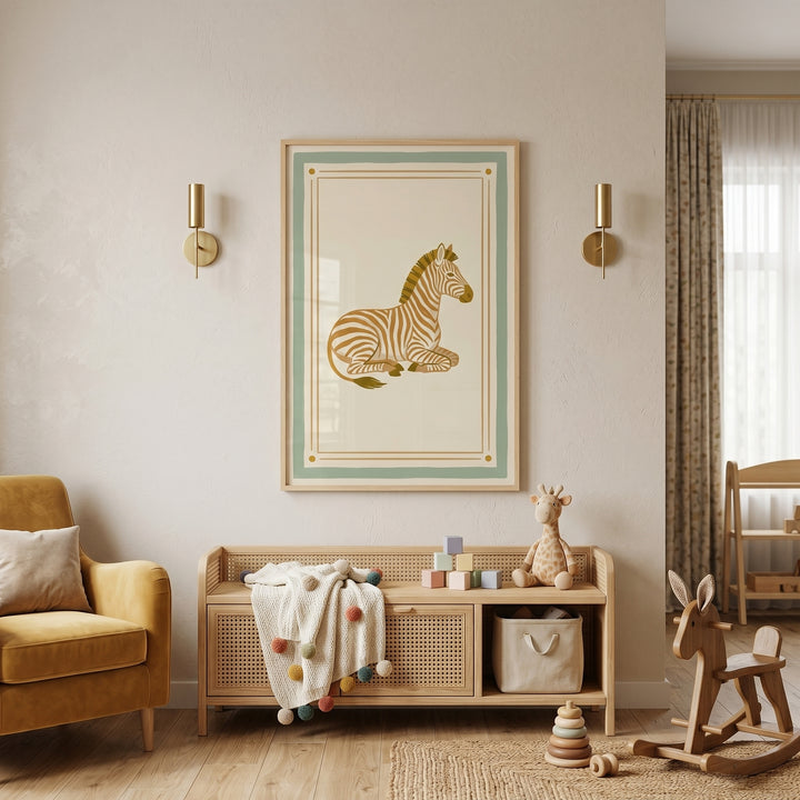 lying brown zebra wall art hangs in a nursery with a yellow armchair, wooden toy bench, and a rocking horse.