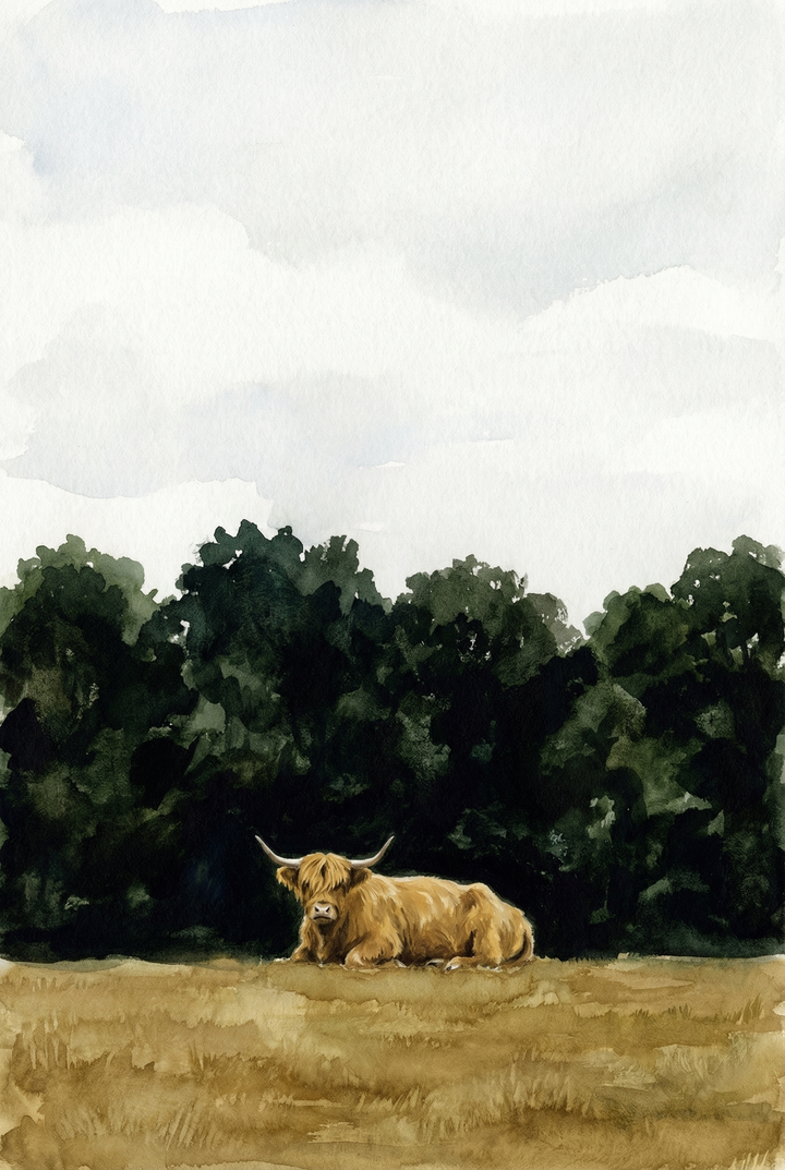 Watercolor scene of a highland cow lying in a golden field with a dense dark green tree line behind it under a pale sky. The composition emphasizes contrast between the light grass and deep foliage.
