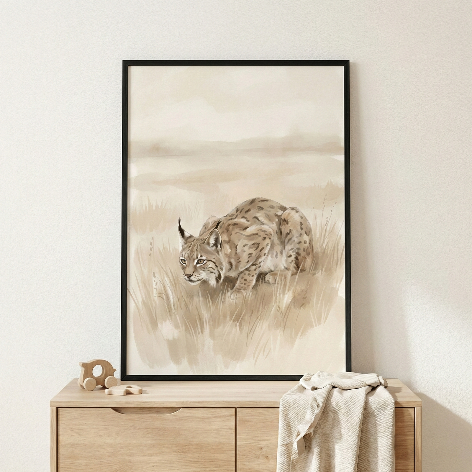 This image features a framed piece of artwork hanging on a light, neutral-toned wall above a wooden chest of drawers. The illustration, held within a simple black frame, depicts a lynx with a spotted coat and characteristic tufted ears. The animal is shown in a low, crouching position as if stalking through tall, dry grass. 
