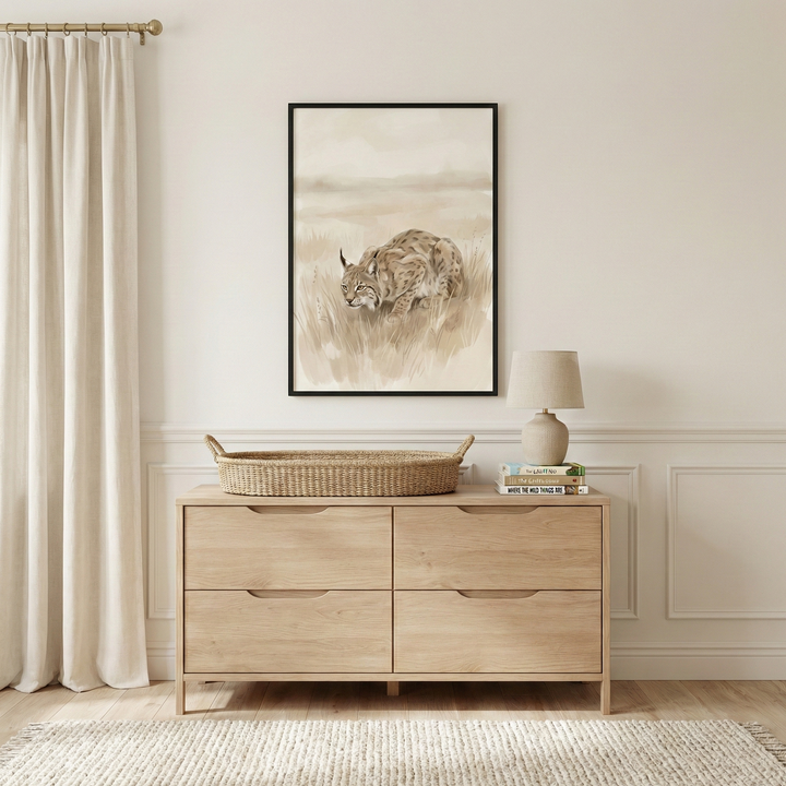 A neutral-toned nursery features a light-wood four-drawer dresser against a cream wall with classic molding. Centered above is a black-framed vertical artwork of a wild cat walking through tall grass, rendered in a soft, sketch-like style with beige and brown tones. On the dresser sits a shallow woven basket, a small table lamp with a neutral shade, and several books. To the left are floor-length cream curtains on a gold rod, and a textured off-white rug covers part of the wood floor.