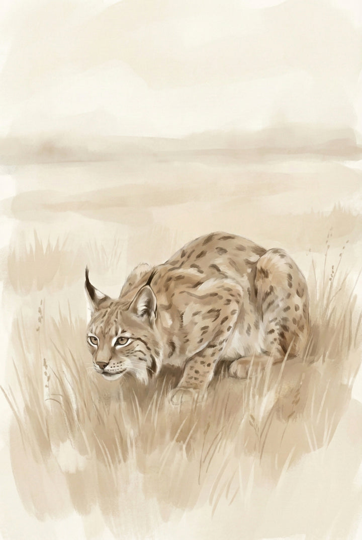 Watercolor artwork of a lynx crouching in tall grass, illustrated in soft sepia tones with subtle wildlife detail and a serene natural backdrop.
