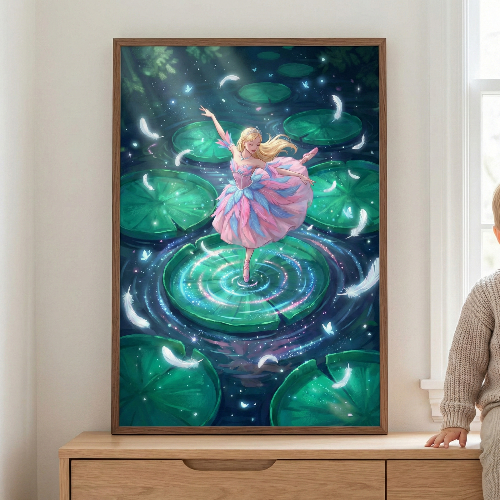 A vertical framed illustration hangs on a neutral wall above a light wood dresser. The magical scene depicts a blonde ballerina in a layered pink and purple feathered dress performing en pointe. She stands at the center of a large, luminous lily pad floating in an enchanted pond at night. Soft white feathers and glowing blue butterflies drift through the air around her. Radiant rings of light shimmer on the dark water's surface, creating a whimsical and ethereal atmosphere.