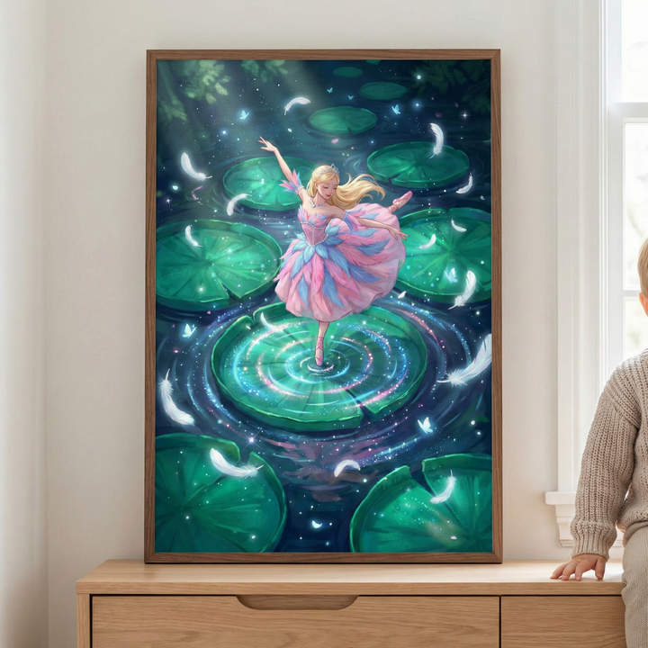 A vertical framed illustration hangs on a neutral wall above a light wood dresser. The magical scene depicts a blonde ballerina in a layered pink and purple feathered dress performing en pointe. She stands at the center of a large, luminous lily pad floating in an enchanted pond at night. Soft white feathers and glowing blue butterflies drift through the air around her. Radiant rings of light shimmer on the dark water's surface, creating a whimsical and ethereal atmosphere.