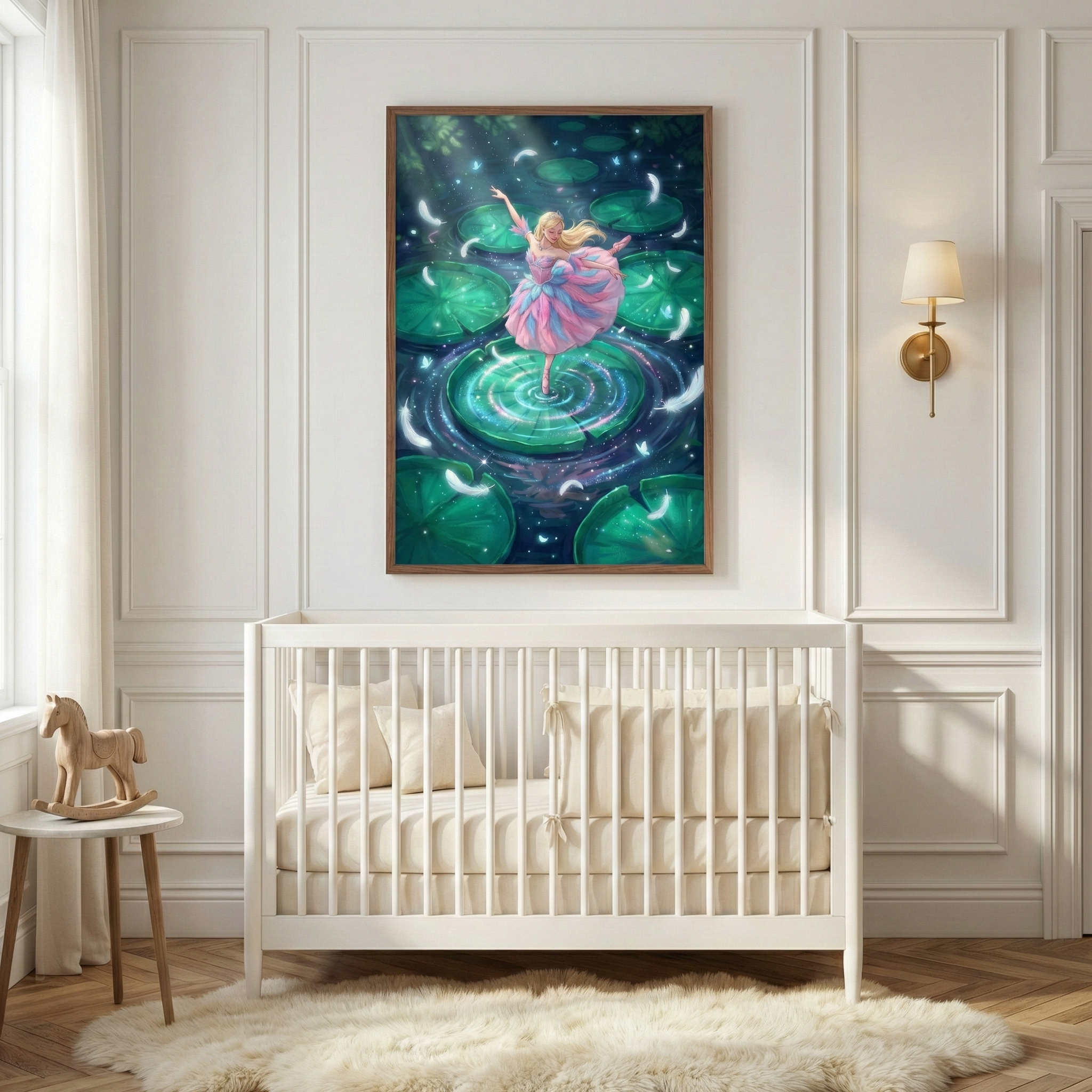 A white nursery features a wooden crib with neutral bedding centered against a wall with decorative molding. A soft, white sheepskin rug covers the herringbone wood floor. To the left, a small wooden rocking horse sits on a round table. Above the crib, a large framed illustration shows a girl with blonde hair in a pink and purple dress dancing on a giant lily pad in a dark, glowing pond. Feathers drift around her in the magical night scene. A warm wall lamp is mounted to the right.