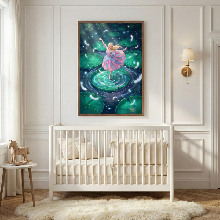A white nursery features a wooden crib with neutral bedding centered against a wall with decorative molding. A soft, white sheepskin rug covers the herringbone wood floor. To the left, a small wooden rocking horse sits on a round table. Above the crib, a large framed illustration shows a girl with blonde hair in a pink and purple dress dancing on a giant lily pad in a dark, glowing pond. Feathers drift around her in the magical night scene. A warm wall lamp is mounted to the right.