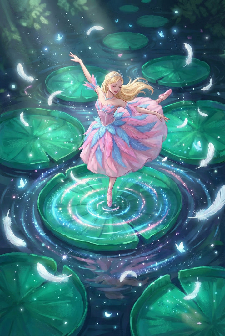 A ballerina balances gracefully on large green lily pads surrounded by floating white feathers and shimmering water. Ripples of colorful light circle beneath her pointe shoes, emphasizing the fantasy pond setting.
