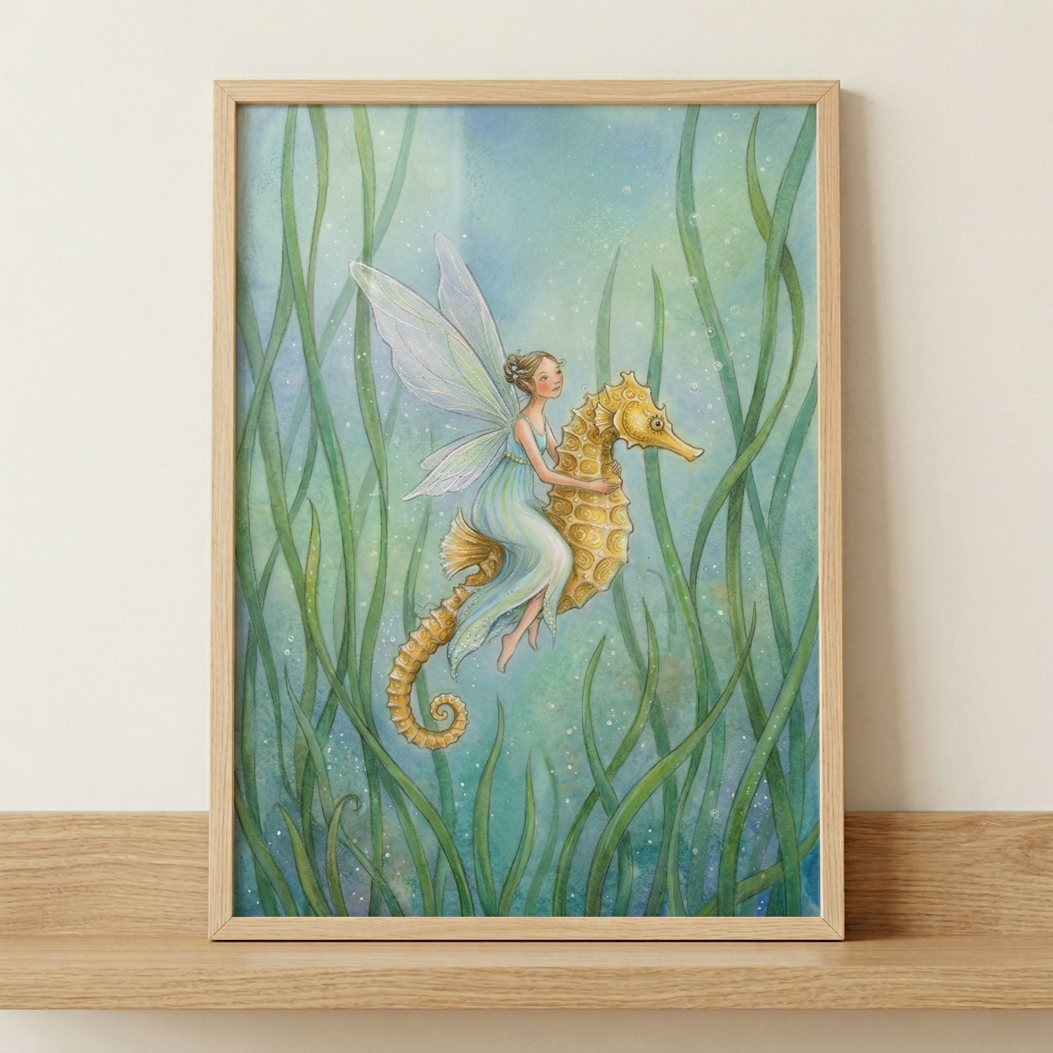 Magical Fairy Riding Seahorse Wall Art - Golden Seahorse Voyage