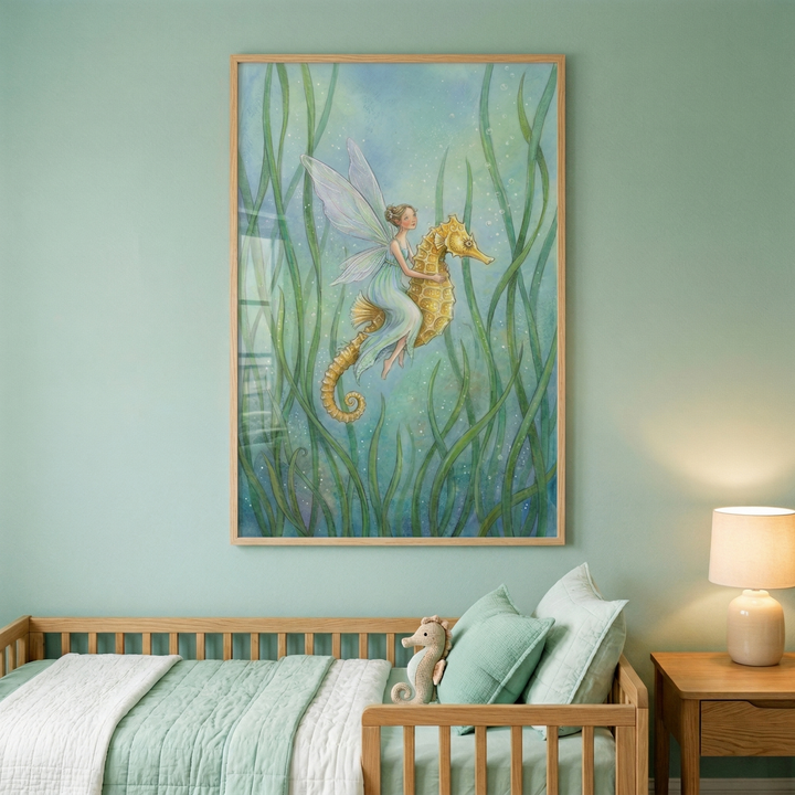 A vertically oriented, wooden-framed piece of wall art hangs on a pale green wall in a serene child’s room. The artwork illustrates a whimsical scene of a mythical winged figure with long hair and a light blue dress riding on the back of a large, golden seahorse. They are surrounded by long, flowing blades of green seagrass against a soft blue and green underwater backdrop. 

