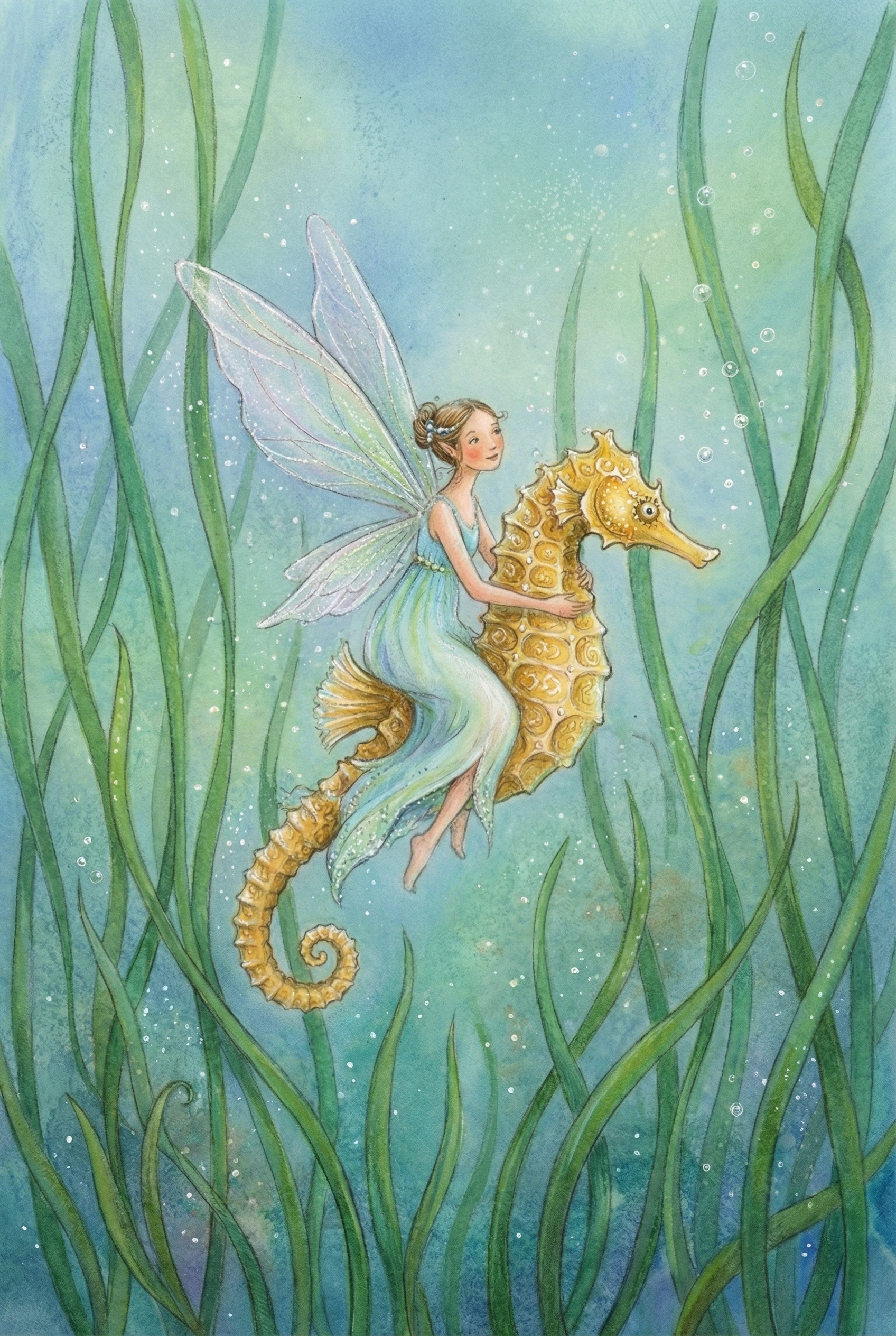Magical Fairy Riding Seahorse Wall Art - Golden Seahorse Voyage