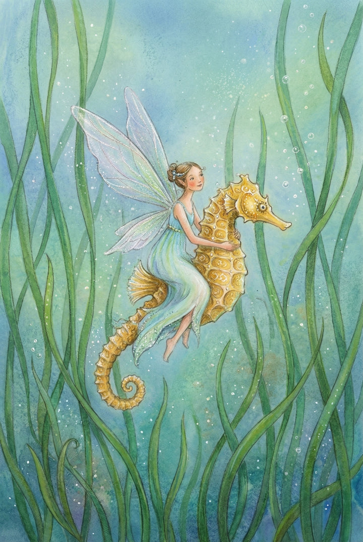 Soft watercolor illustration of a winged fairy in a flowing pale blue dress riding a golden seahorse through tall green seagrass underwater. Her translucent wings shimmer behind her as tiny bubbles and blue green water surround the scene with a calm dreamlike feel.
