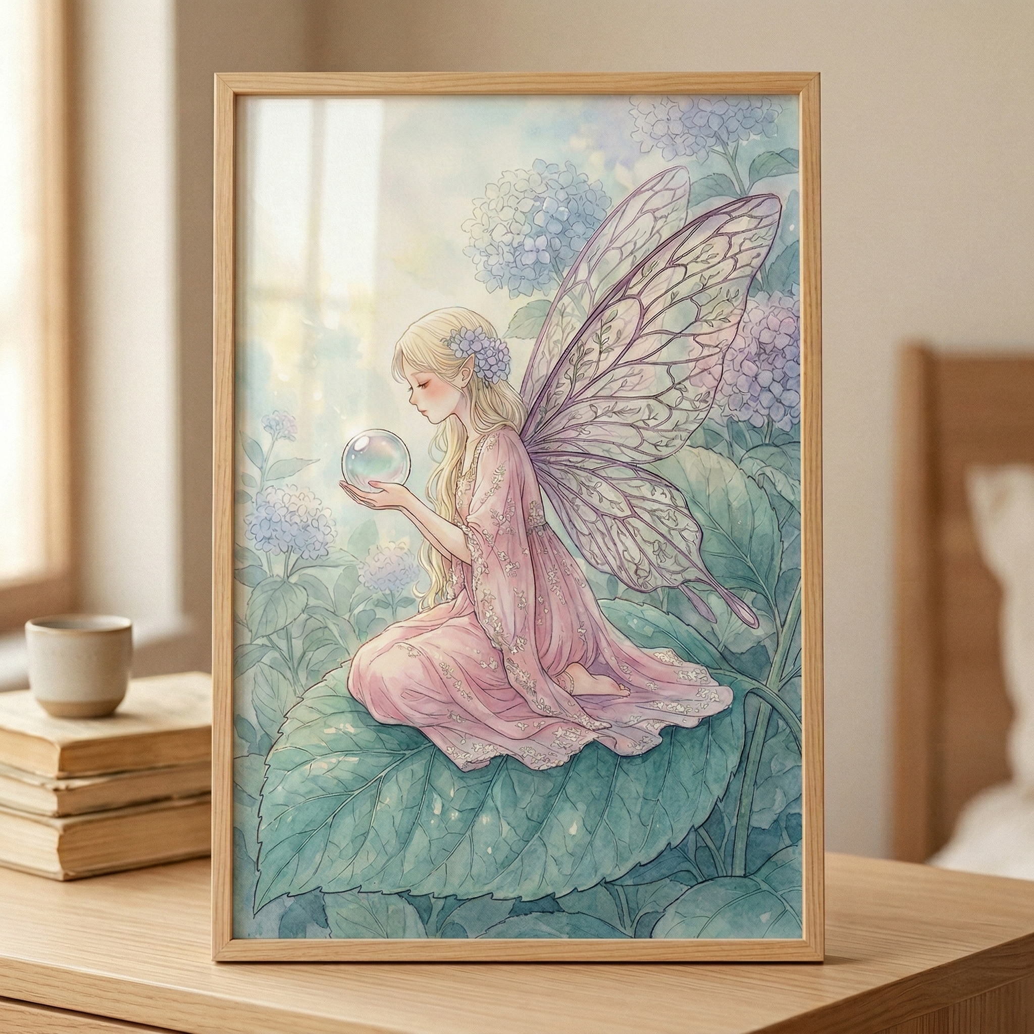 Framed wall art of a pastel fairy illustration displayed on a wooden table beside a small stack of books and a ceramic cup. The artwork shows a blonde fairy with translucent lavender wings in a flowing pink dress, seated on a large green leaf and holding a glowing orb, surrounded by soft blue and purple hydrangeas in a dreamy garden scene.