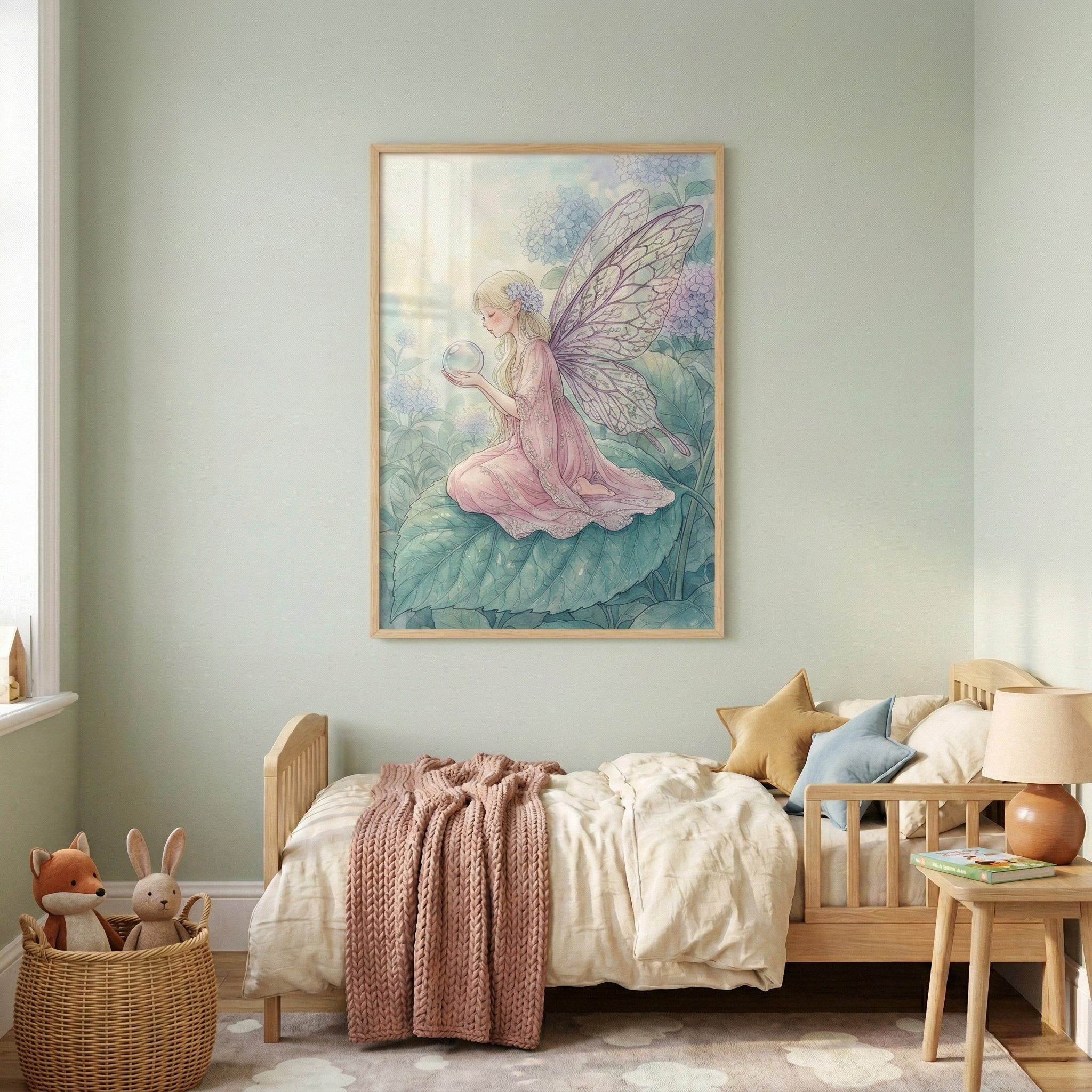 Framed pastel fairy wall art displayed above a small wooden bed in a cozy children’s bedroom with soft green walls. The illustration shows a blonde fairy with delicate lavender wings holding a glowing orb while sitting on a large leaf among hydrangeas, styled with neutral bedding, a knitted throw, and plush animal toys for a warm and whimsical decor look.