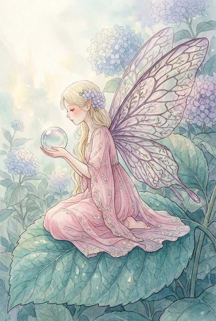 A delicate fairy with long blonde hair and translucent lavender wings sits on a large green leaf, gently holding a glowing iridescent orb in her hands. She wears a flowing pink dress with floral details, surrounded by soft blue and purple hydrangea blooms in a dreamy pastel garden setting.