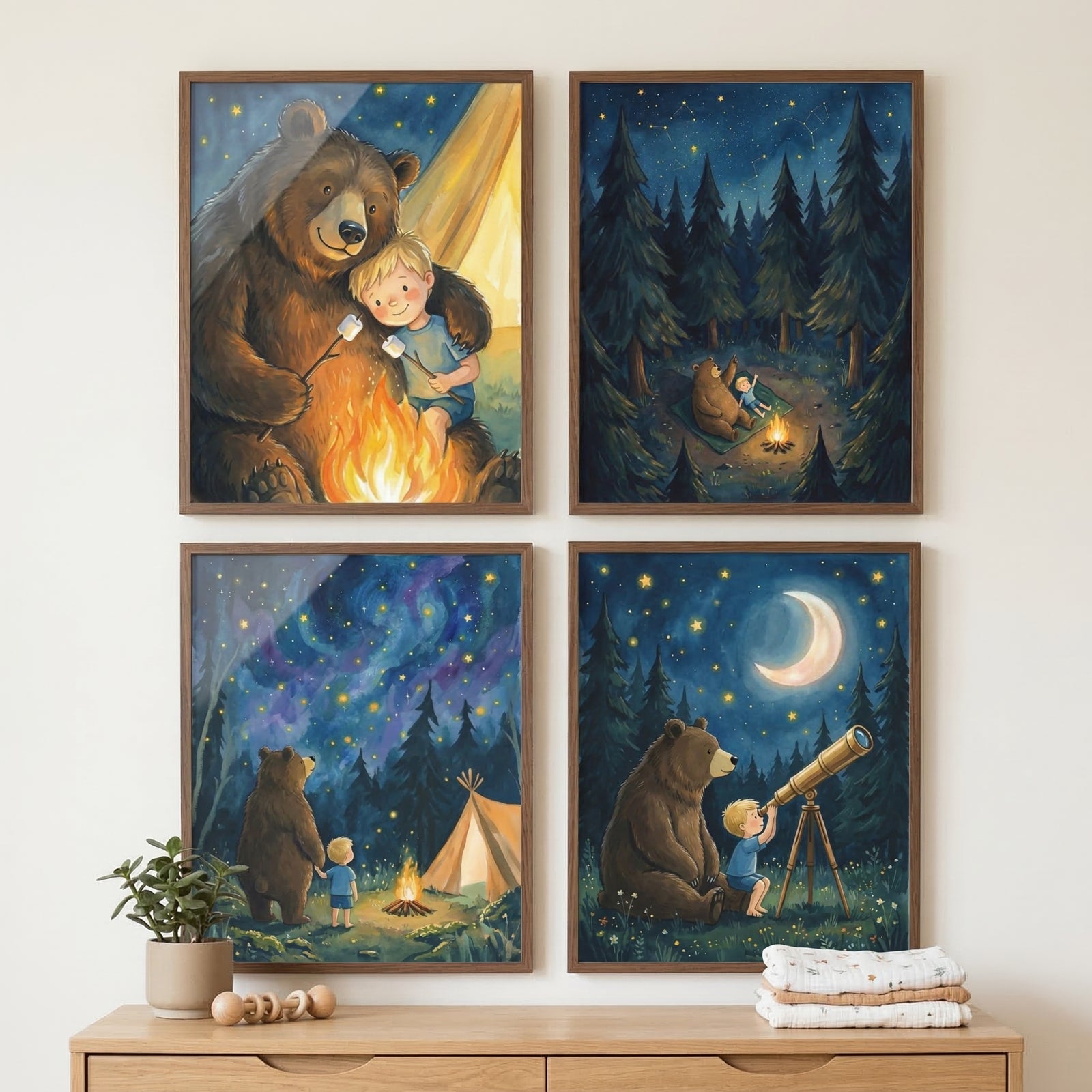 Four wood-framed illustrations are hung in a square arrangement on a plain wall above a light wood dresser. Each piece of art features a large brown bear and a small boy with blonde hair engaged in camping activities under a starlit sky. The top-left scene shows the two roasting marshmallows over a warm campfire. To the right, they are depicted as tiny figures in a wide forest clearing illuminated by a small fire. 